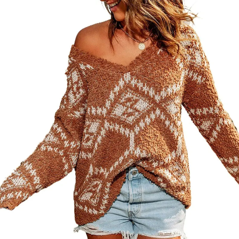 2024 Fall and Winter New Arrival Knitting Jacquard Heattech Sweater Female Fashion Fashion V Neck Loose Long Sleeve Pullover Top