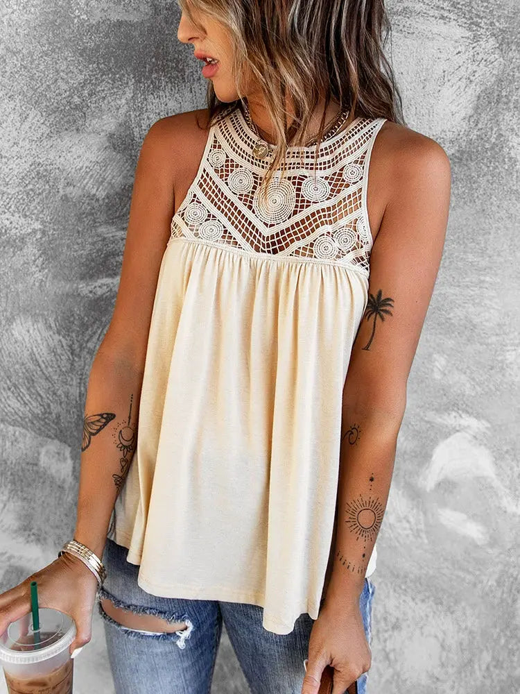 2024 Fashion Outwear Thin Vest Women's Summer New Arrival Loose Lace Lace Sleeveless Pullover Base T-shirt Women