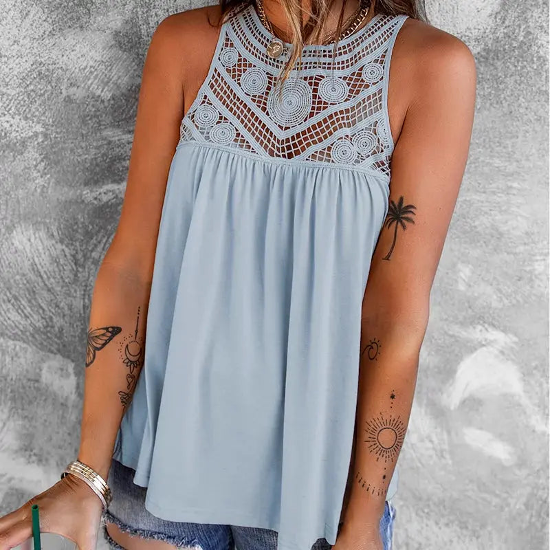 2024 Fashion Outwear Thin Vest Women's Summer New Arrival Loose Lace Lace Sleeveless Pullover Base T-shirt Women