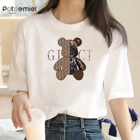 2024 New Crew Neck Clothing Fashion Robot Bear Pattern Printed Short Sleeve T-Shirt Trend Women's Summer Y2K Short Sleeve Top