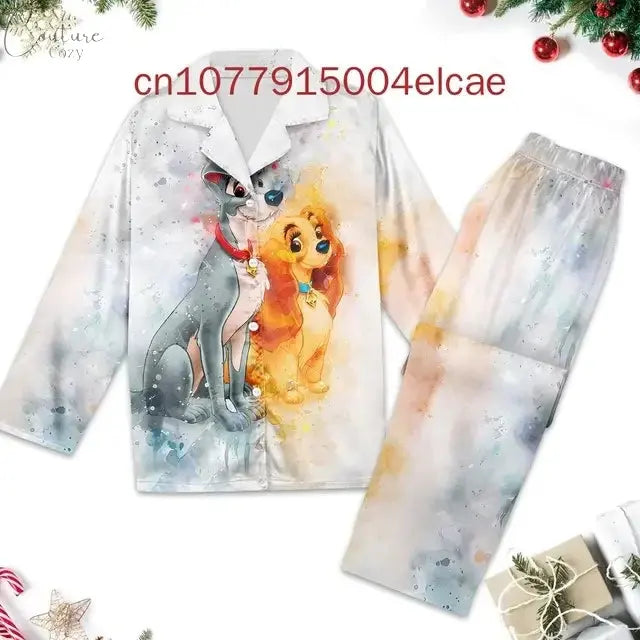 2024 New Disney Lady and the Tramp Pajama3D Printed Casual Men's and Women's Long Sleeve Shirt Pajama Set Couture Cozy