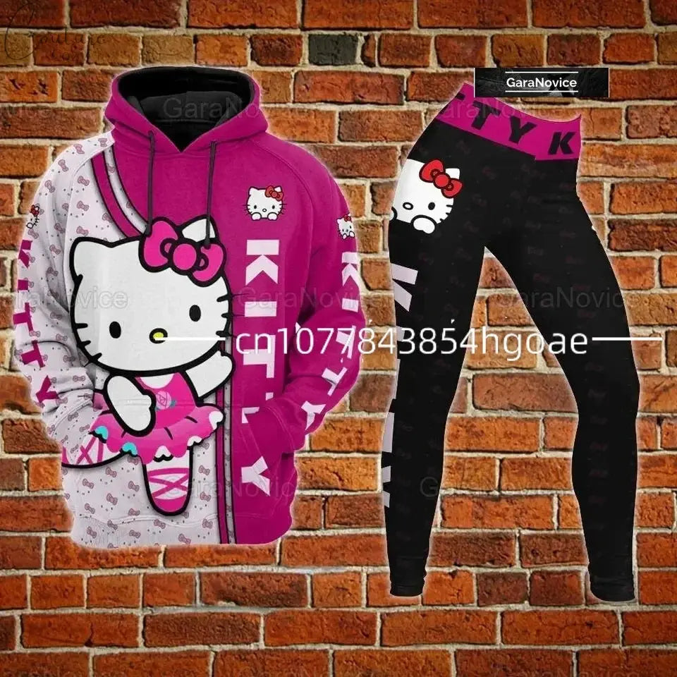 2024 New Hello Kitty 3D Hoodie Women's Hoodie Leggings Suit Stitch Yoga Pants Sweatpants Fashion Sports Suit Disney Yoga Suit Couture Cozy