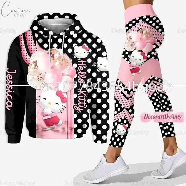 2024 New Hello Kitty 3D Hoodie Women's Hoodie Leggings Suit Stitch Yoga Pants Sweatpants Fashion Sports Suit Disney Yoga Suit Couture Cozy