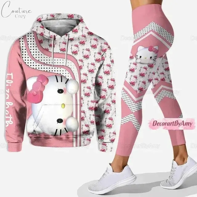 2024 New Hello Kitty 3D Hoodie Women's Hoodie Leggings Suit Stitch Yoga Pants Sweatpants Fashion Sports Suit Disney Yoga Suit Couture Cozy