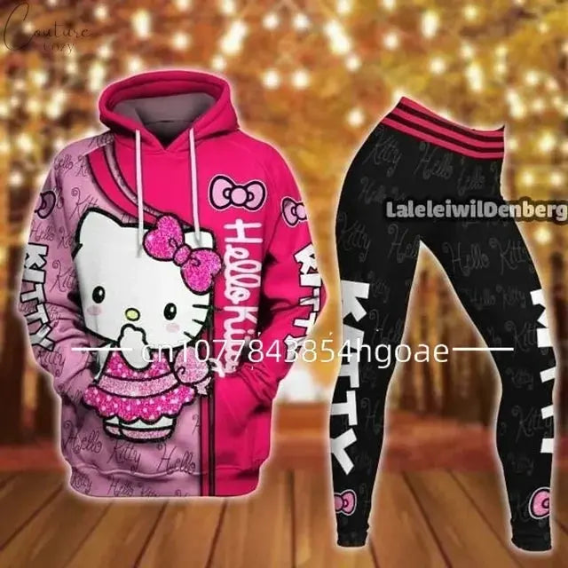 2024 New Hello Kitty 3D Hoodie Women's Hoodie Leggings Suit Stitch Yoga Pants Sweatpants Fashion Sports Suit Disney Yoga Suit Couture Cozy