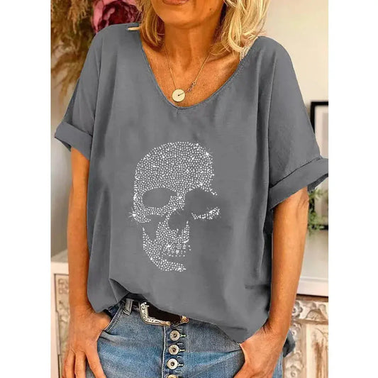 2024 New Women T-shirt 3D Horror Skull Print Women V-neck Tops Short Sleeve Shirt Casual Street Versatile Clothing Ladies Tees