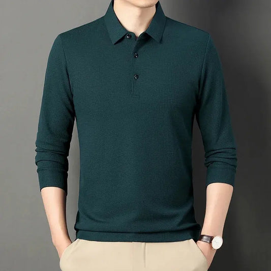 2024 Spring Autumn Waffle Men's Long-sleeved Polo Shirt Business Casual Slim Top Classic Solid Color Male Brand Tees