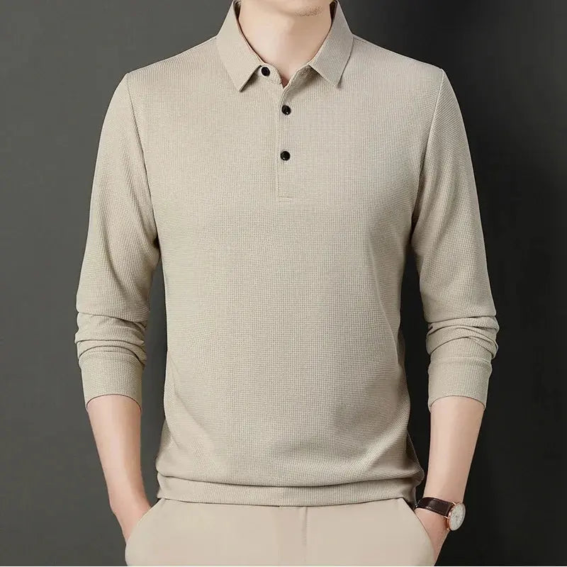 2024 Spring Autumn Waffle Men's Long-sleeved Polo Shirt Business Casual Slim Top Classic Solid Color Male Brand Tees