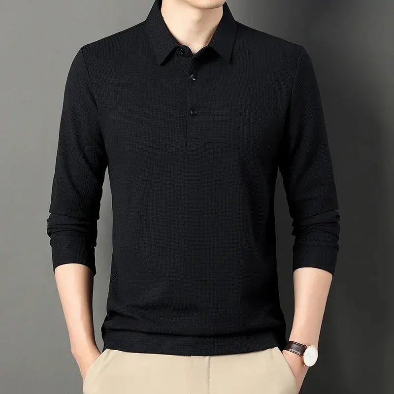 2024 Spring Autumn Waffle Men's Long-sleeved Polo Shirt Business Casual Slim Top Classic Solid Color Male Brand Tees