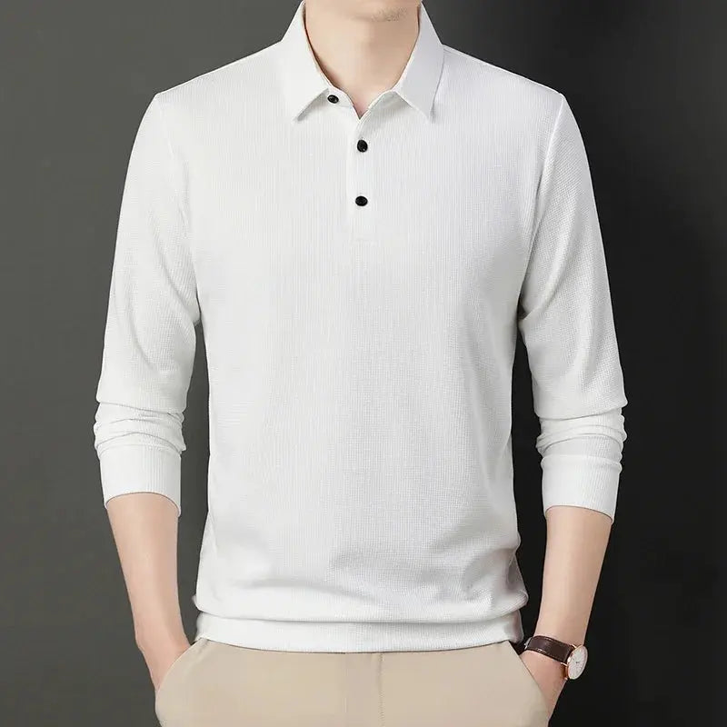 2024 Spring Autumn Waffle Men's Long-sleeved Polo Shirt Business Casual Slim Top Classic Solid Color Male Brand Tees