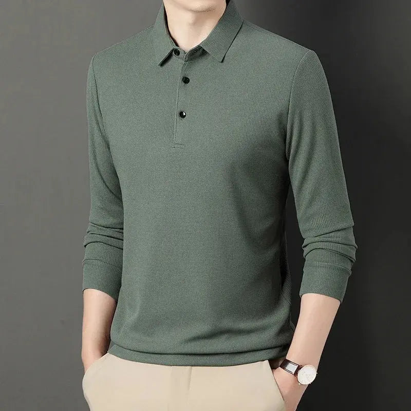 2024 Spring Autumn Waffle Men's Long-sleeved Polo Shirt Business Casual Slim Top Classic Solid Color Male Brand Tees