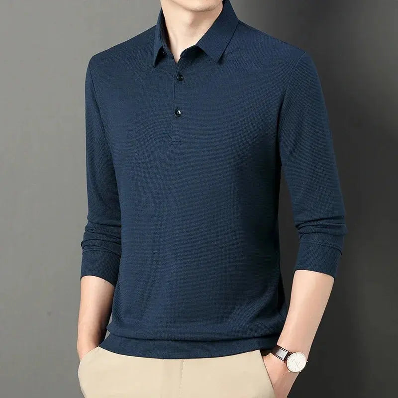 2024 Spring Autumn Waffle Men's Long-sleeved Polo Shirt Business Casual Slim Top Classic Solid Color Male Brand Tees