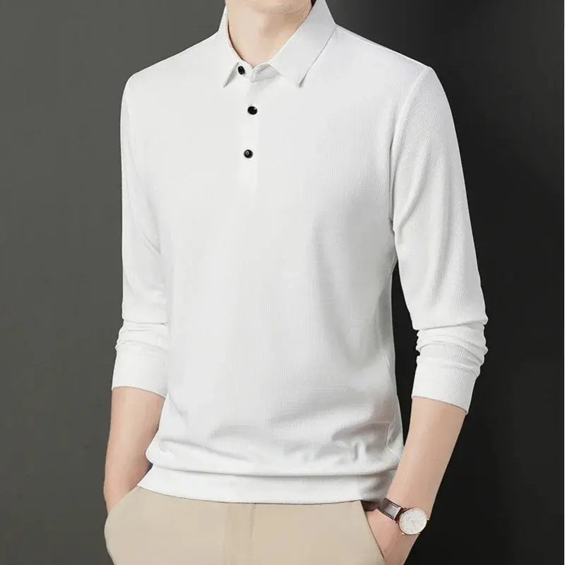 2024 Spring Autumn Waffle Men's Long-sleeved Polo Shirt Business Casual Slim Top Classic Solid Color Male Brand Tees