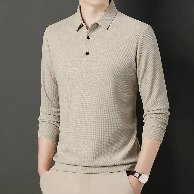 2024 Spring Autumn Waffle Men's Long-sleeved Polo Shirt Business Casual Slim Top Classic Solid Color Male Brand Tees