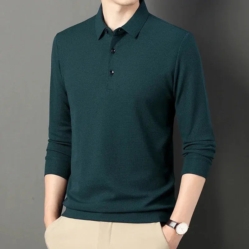 2024 Spring Autumn Waffle Men's Long-sleeved Polo Shirt Business Casual Slim Top Classic Solid Color Male Brand Tees