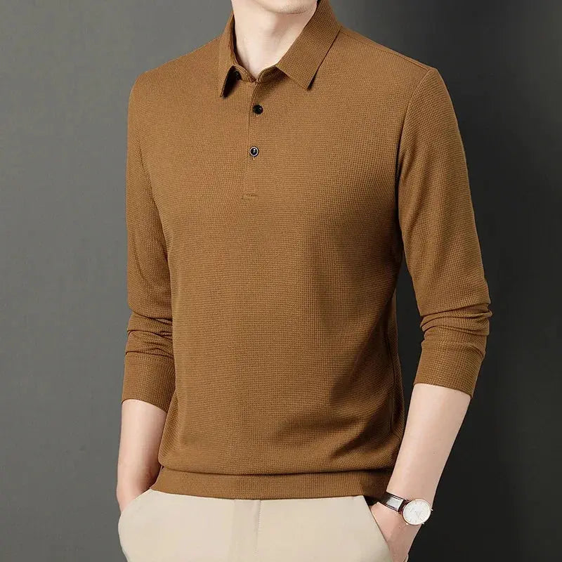 2024 Spring Autumn Waffle Men's Long-sleeved Polo Shirt Business Casual Slim Top Classic Solid Color Male Brand Tees