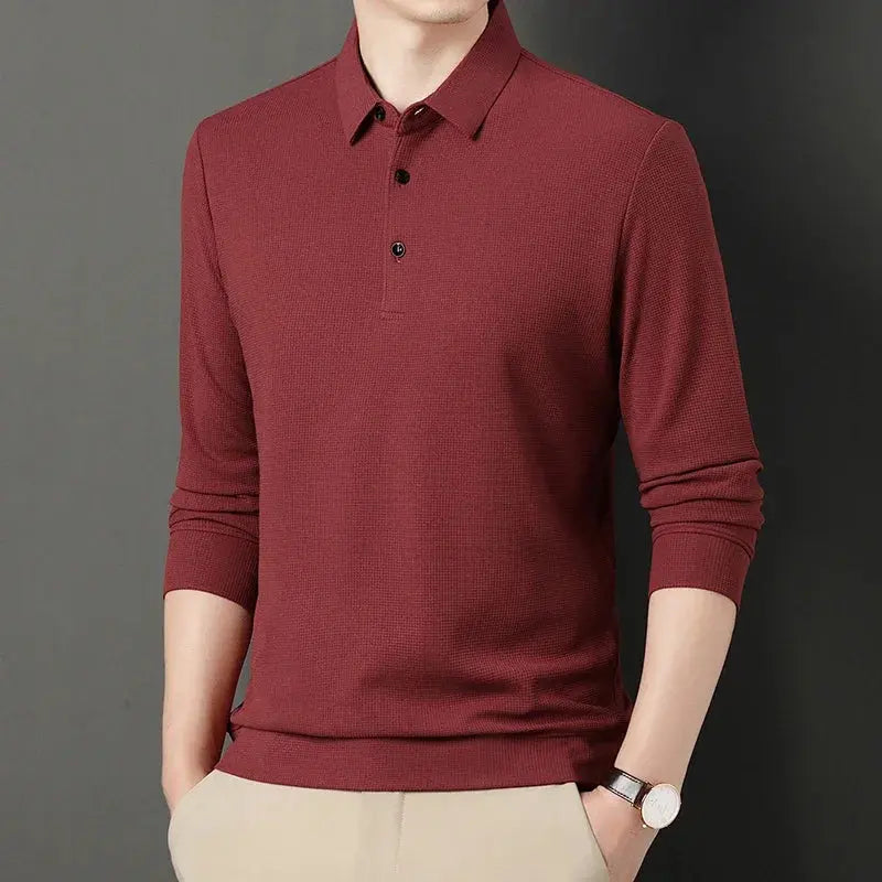 2024 Spring Autumn Waffle Men's Long-sleeved Polo Shirt Business Casual Slim Top Classic Solid Color Male Brand Tees