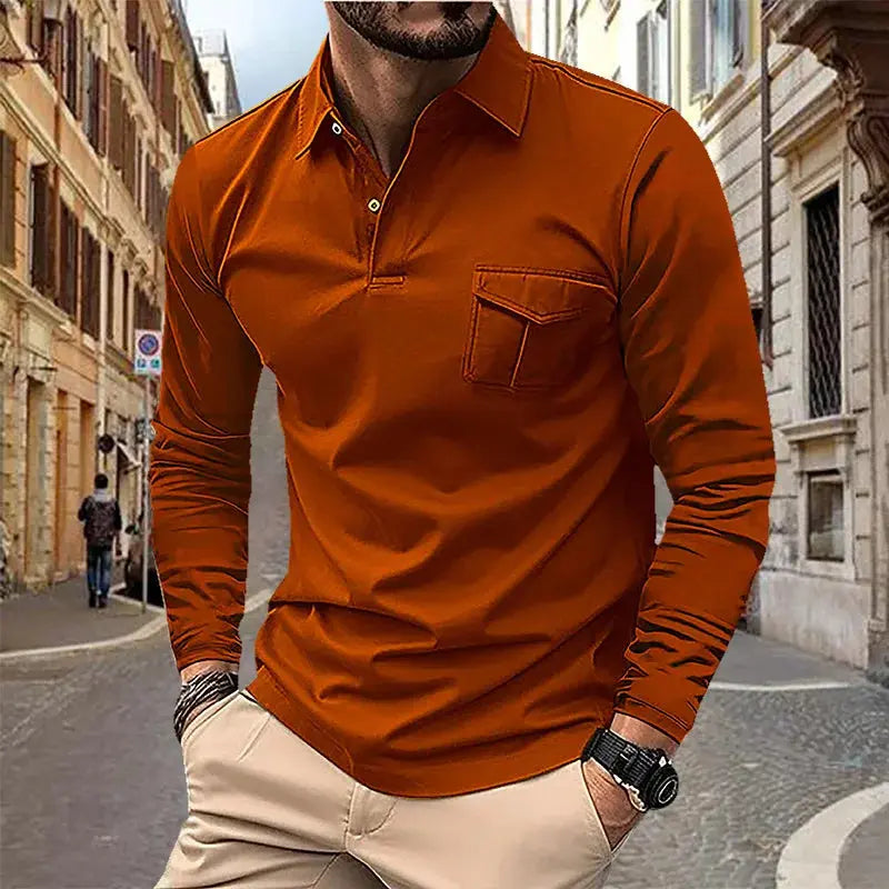 2024 Spring and Autumn European and American Men's Polo Shirt Lapel Pocket T-shirt Men's Breathable Business Casual Long sleeved Couture Cozy