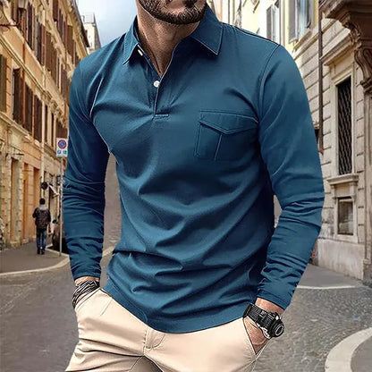 2024 Spring and Autumn European and American Men's Polo Shirt Lapel Pocket T-shirt Men's Breathable Business Casual Long sleeved Couture Cozy