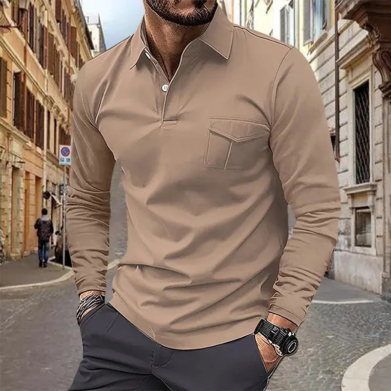 2024 Spring and Autumn European and American Men's Polo Shirt Lapel Pocket T-shirt Men's Breathable Business Casual Long sleeved Couture Cozy