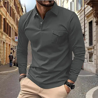 2024 Spring and Autumn European and American Men's Polo Shirt Lapel Pocket T-shirt Men's Breathable Business Casual Long sleeved Couture Cozy