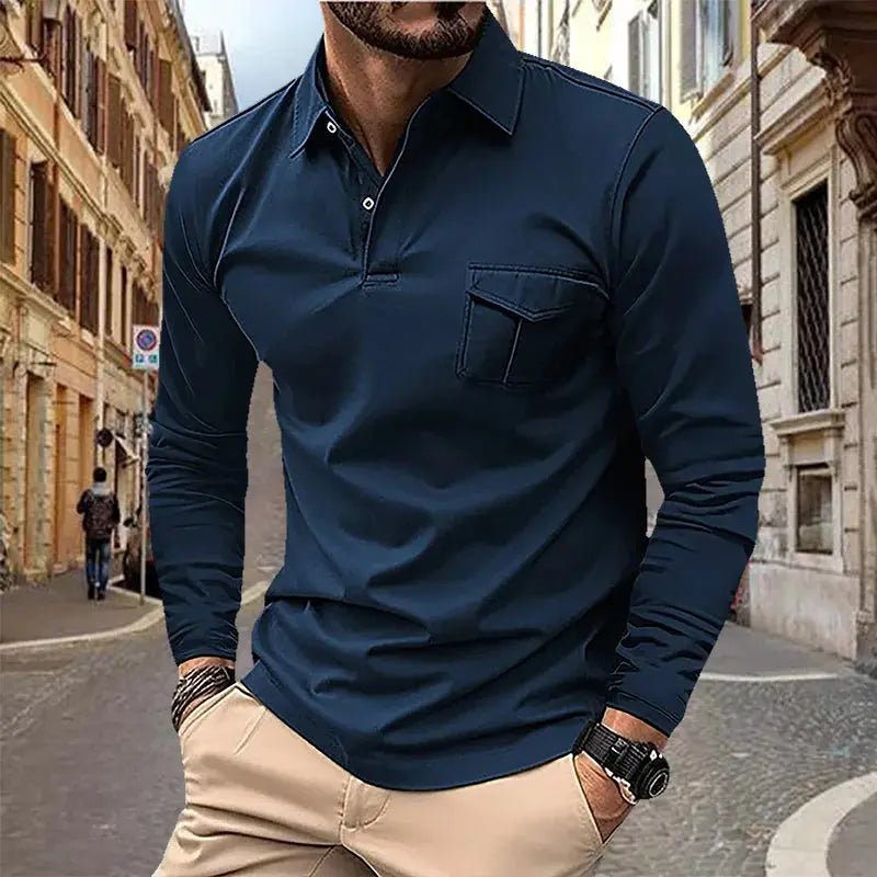 2024 Spring and Autumn European and American Men's Polo Shirt Lapel Pocket T-shirt Men's Breathable Business Casual Long sleeved Couture Cozy