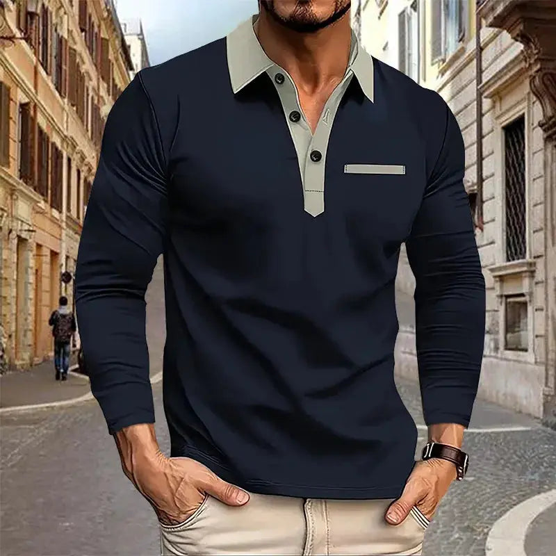 2024 Spring and Autumn European and American Men's Polo Shirt Lapel Pocket T-shirt Men's Breathable Business Casual Long sleeved Couture Cozy