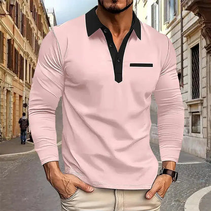 2024 Spring and Autumn European and American Men's Polo Shirt Lapel Pocket T-shirt Men's Breathable Business Casual Long sleeved Couture Cozy