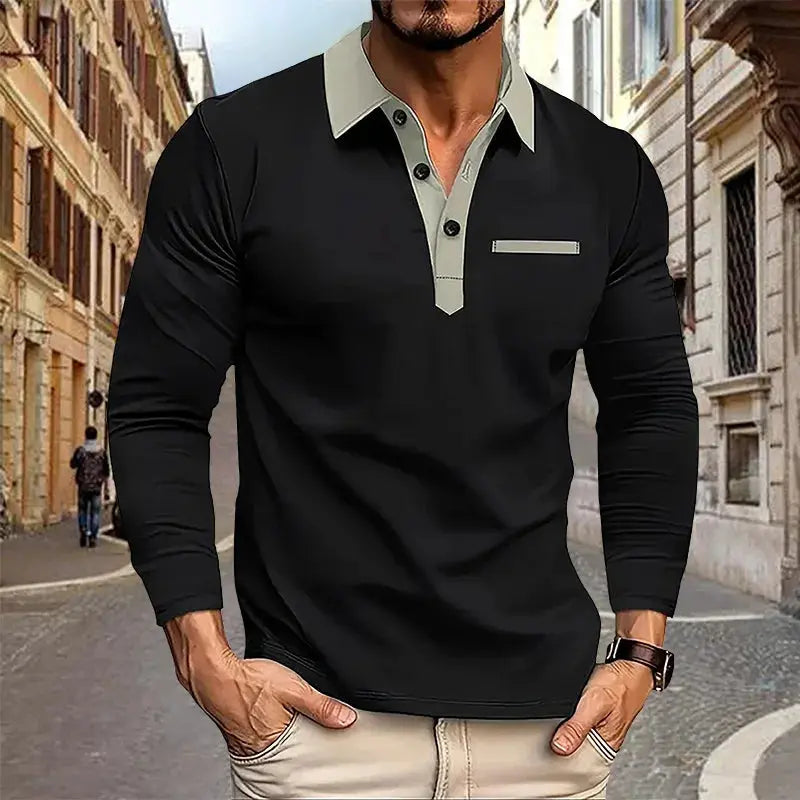 2024 Spring and Autumn European and American Men's Polo Shirt Lapel Pocket T-shirt Men's Breathable Business Casual Long sleeved Couture Cozy