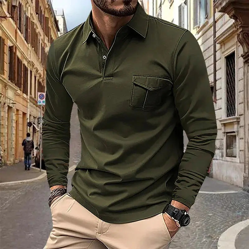 2024 Spring and Autumn European and American Men's Polo Shirt Lapel Pocket T-shirt Men's Breathable Business Casual Long sleeved Couture Cozy