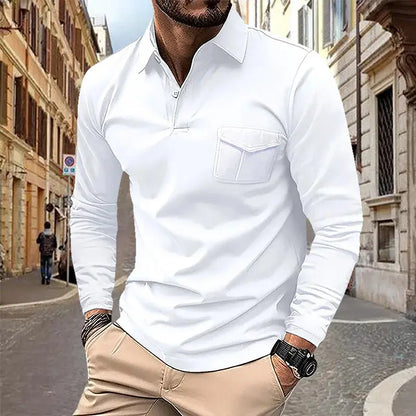 2024 Spring and Autumn European and American Men's Polo Shirt Lapel Pocket T-shirt Men's Breathable Business Casual Long sleeved Couture Cozy