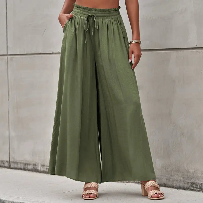 2024 Summer New Arrival Women's Casual Pants European and American Personalized Pure Color Elastic Waistband High Waist Thin Wide-Leg Pants Women