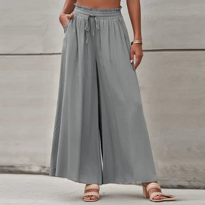 2024 Summer New Arrival Women's Casual Pants European and American Personalized Pure Color Elastic Waistband High Waist Thin Wide-Leg Pants Women