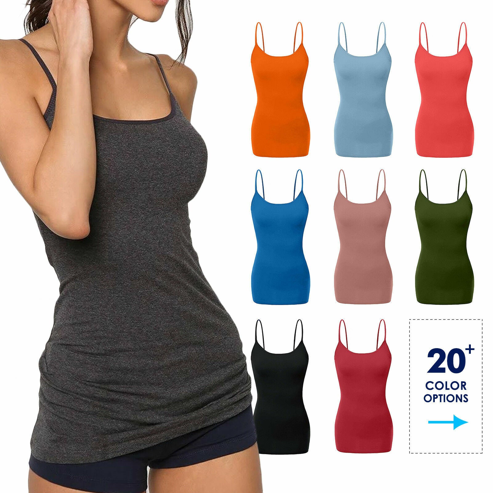 Women's Long Camisole Tank Tops Cotton Basic Cami Plain S -3XL Couture Cozy