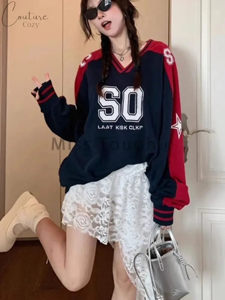 Autumn Fashion American 2 Piece Set Women Retro Color V-neck Matching Jersey+Lace Skirt Female Hoodie 2024 New Niche Design Suit Couture Cozy