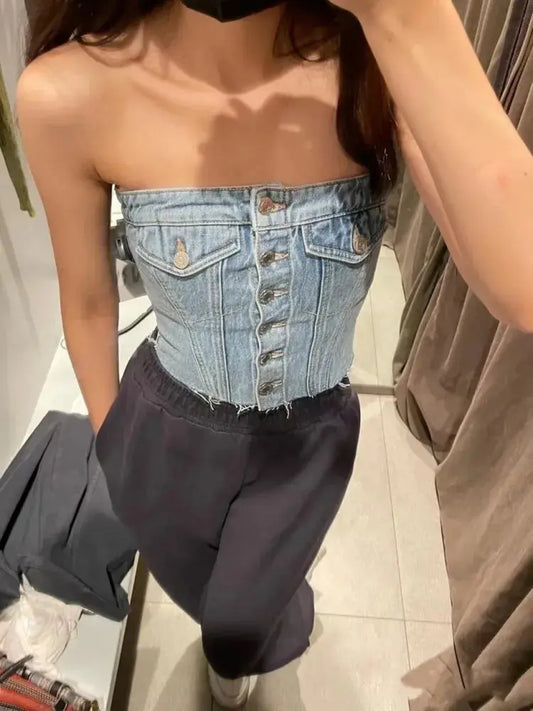 Blue Backless Denim Corset Crop Women Top Off Shoulder Sleeveless Bustier Tops 2023 Summer Lady Sexy Elegant Street Wear Tank Couture Cozy