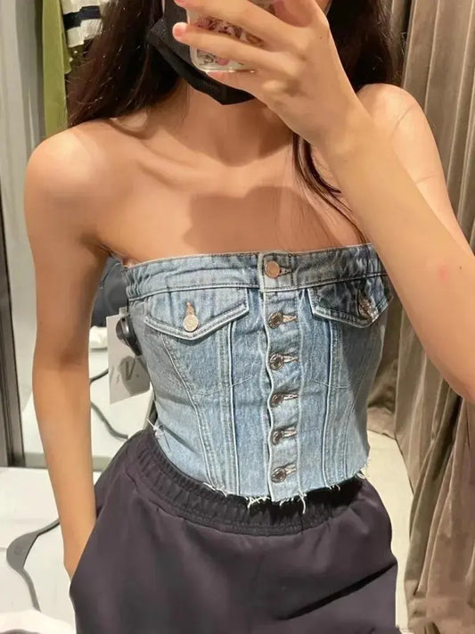 Blue Backless Denim Corset Crop Women Top Off Shoulder Sleeveless Bustier Tops 2023 Summer Lady Sexy Elegant Street Wear Tank Couture Cozy