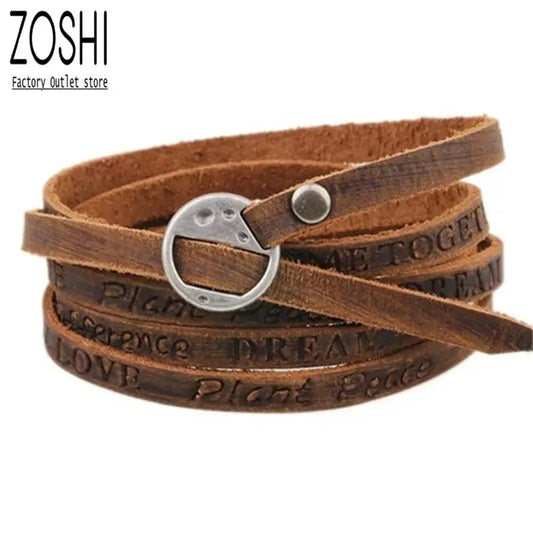 Black/Brown Vintage Bohemian style jewelery multilayer wrap genuine leather bracelet for men and women Embossing letter bracelet