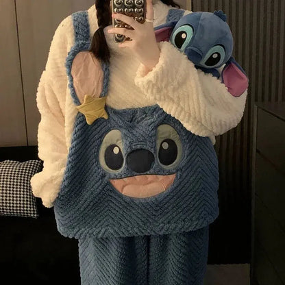 Cartoon kawaii new Stitch series pajamas Disney autumn and winter warm and thickened girly heart sweet and cute home wear set Couture Cozy