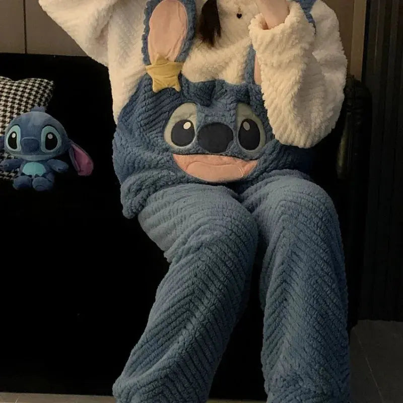 Cartoon kawaii new Stitch series pajamas Disney autumn and winter warm and thickened girly heart sweet and cute home wear set Couture Cozy