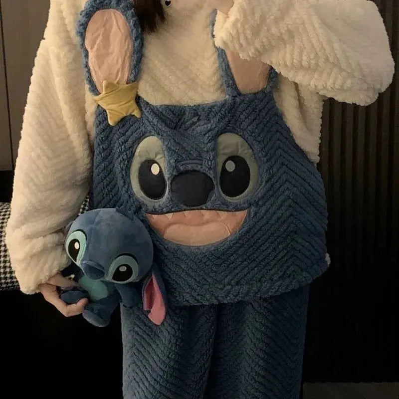 Cartoon kawaii new Stitch series pajamas Disney autumn and winter warm and thickened girly heart sweet and cute home wear set Couture Cozy