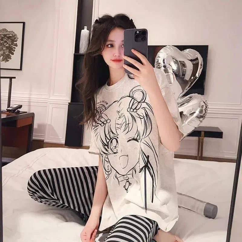 Cartoon pajamas for women in spring and autumn cute Sailor Moon short-sleeved striped printed trousers home wear round neck suit Couture Cozy