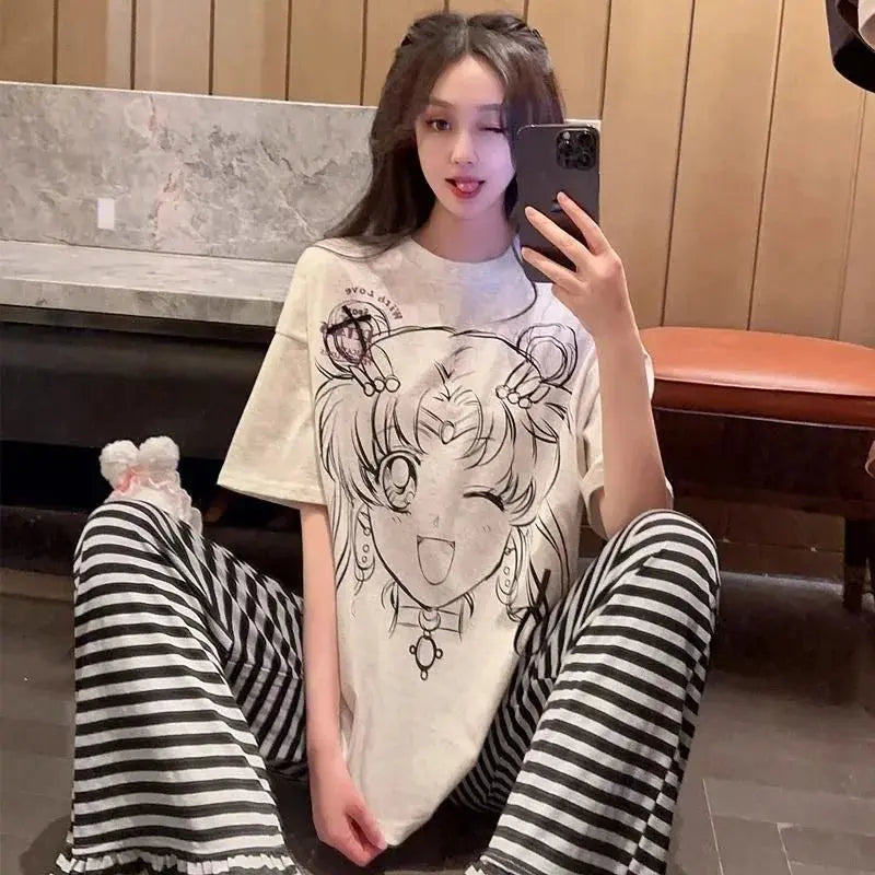 Cartoon pajamas for women in spring and autumn cute Sailor Moon short-sleeved striped printed trousers home wear round neck suit Couture Cozy