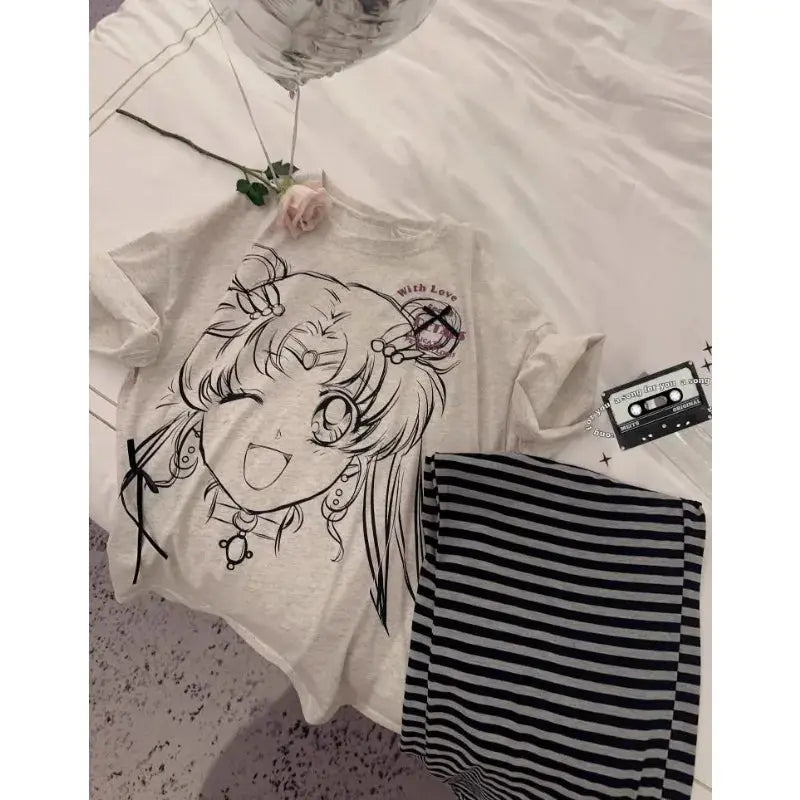 Cartoon pajamas for women in spring and autumn cute Sailor Moon short-sleeved striped printed trousers home wear round neck suit Couture Cozy