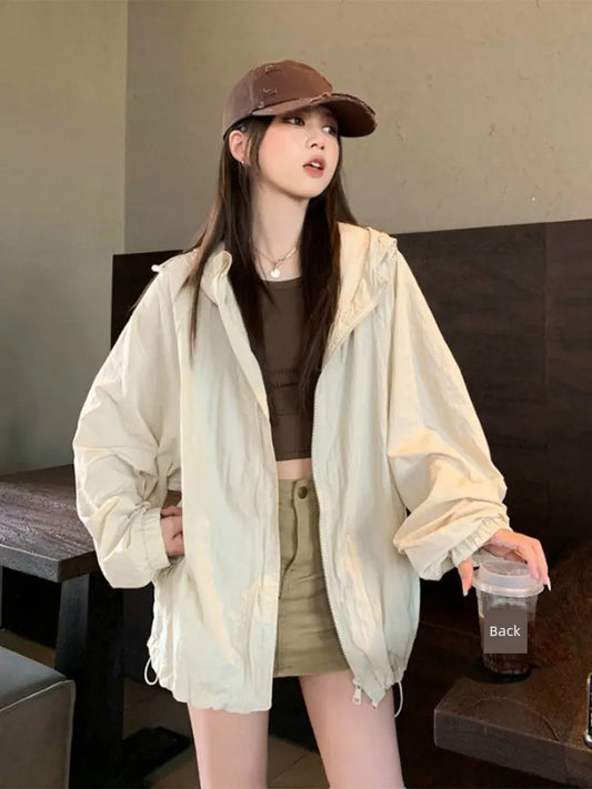 Casual Loose Mid Length Long Length Sports Jacket Top Drawstring