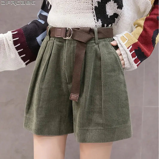 Casual Streetwear S-5XL Plus Size Shorts For Women Winter High Waist Corduroy Ladies Shorts With Belt Loose Wide Leg Short Femme Couture Cozy