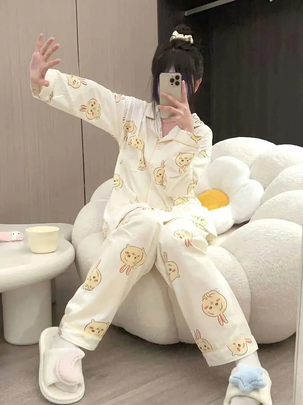 Chiikawa Pajamas Cute Usagi Pajamas Women Spring and Autumn New Kawaii Japanese Long-sleeved Trousers Girls Home Wear Set Couture Cozy