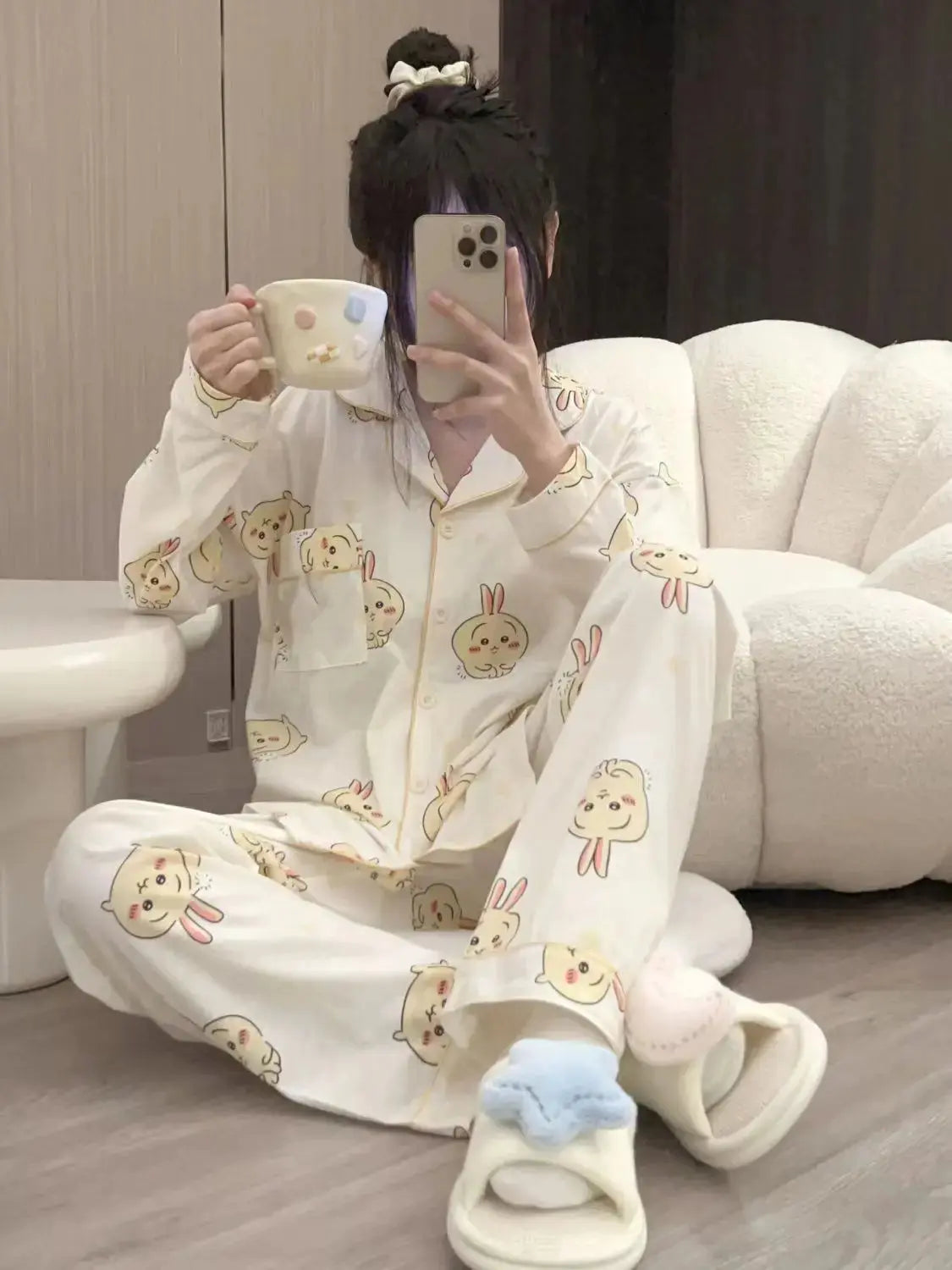 Chiikawa Pajamas Cute Usagi Pajamas Women Spring and Autumn New Kawaii Japanese Long-sleeved Trousers Girls Home Wear Set Couture Cozy