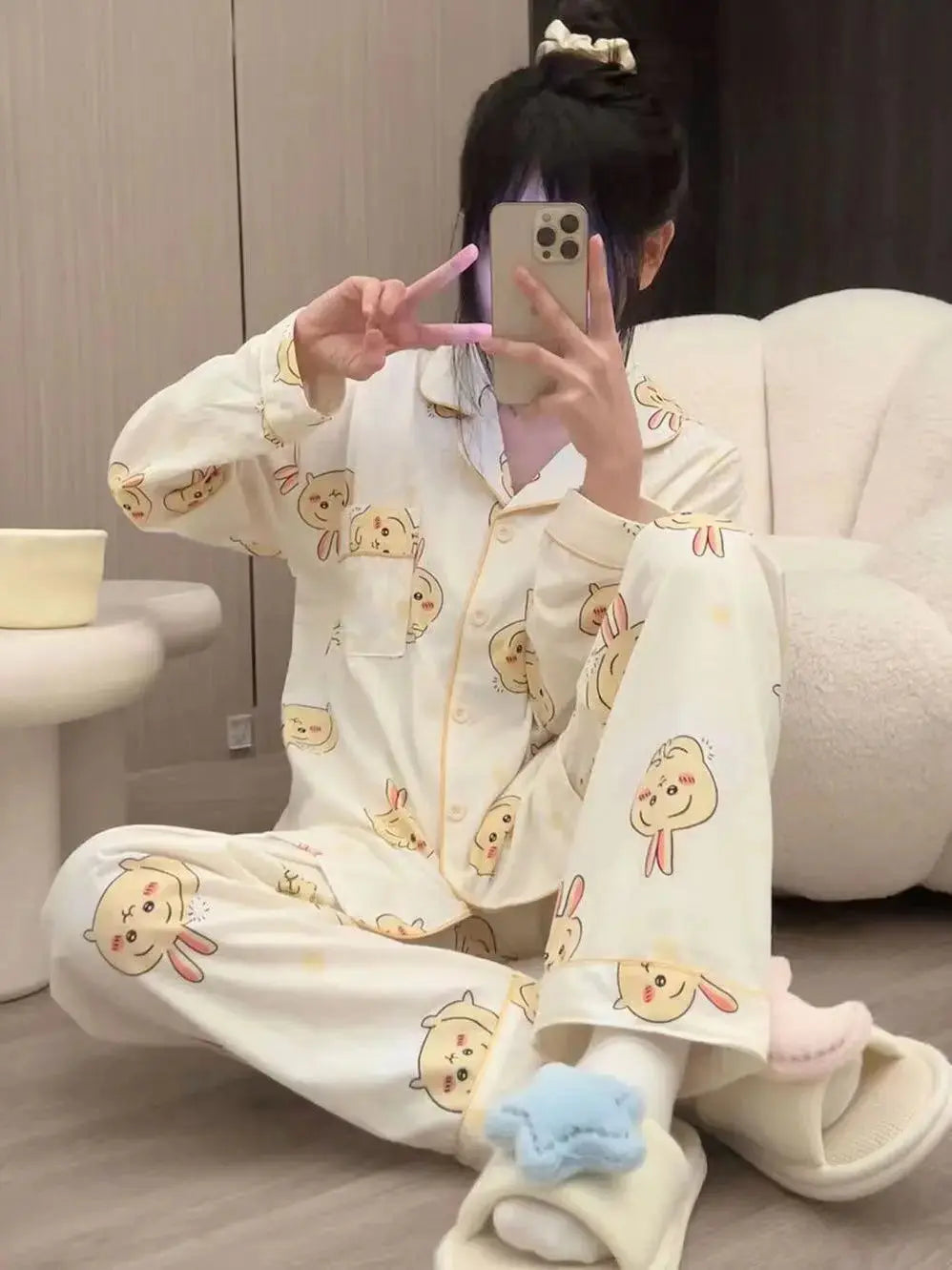 Chiikawa Pajamas Cute Usagi Pajamas Women Spring and Autumn New Kawaii Japanese Long-sleeved Trousers Girls Home Wear Set Couture Cozy