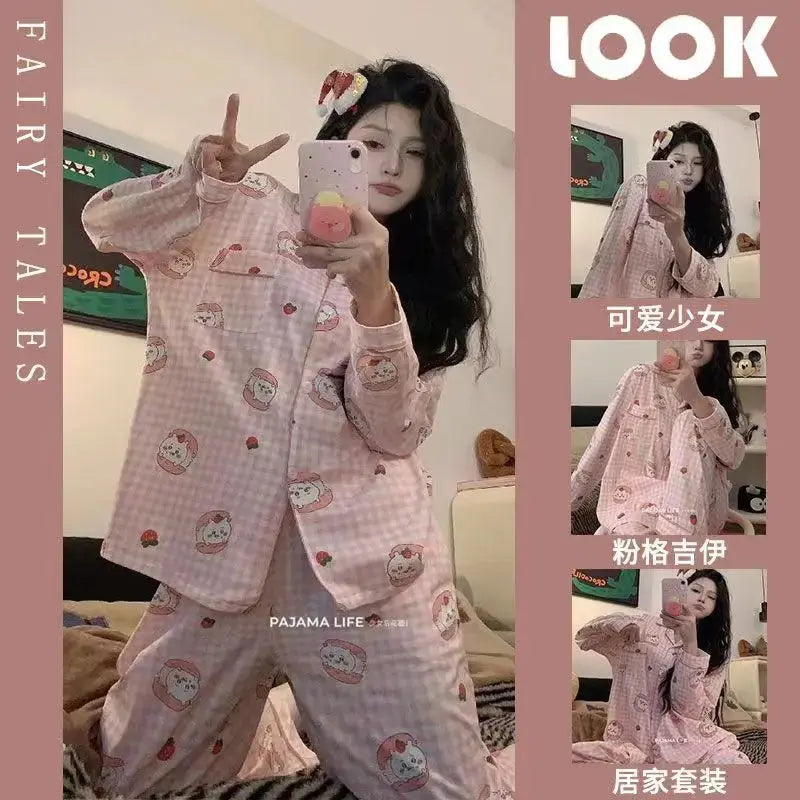 Chiikawa Pajamas Cute Usagi Pajamas Women Spring and Autumn New Kawaii Japanese Long-sleeved Trousers Girls Home Wear Set Couture Cozy